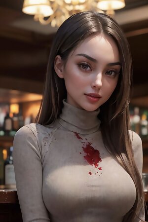 a woman with blood on her chest sitting at a bar with a bottle of wine in front of her and a bottle of wine in front of her