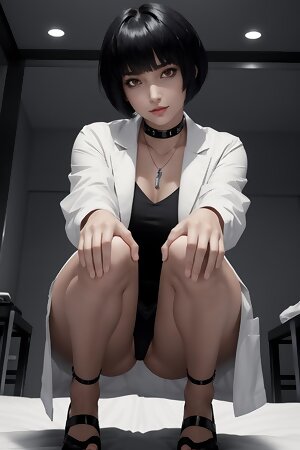 a woman in a white lab coat kneeling on a bed with her legs crossed and her hands on the hips of the womans chest and legs crossed